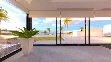 Oturma odasının ve büyük pencereli yemek mutfağının 3 boyutlu görüntüsü.