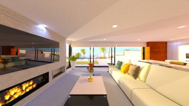 Oturma odasının ve büyük pencereli yemek mutfağının 3 boyutlu görüntüsü.