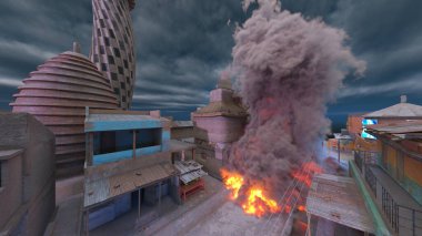 Gelecekteki şehir manzarasının 3D görüntüsü saldırı altında