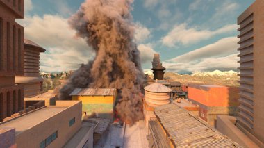 Gelecekteki şehir manzarasının 3D görüntüsü saldırı altında