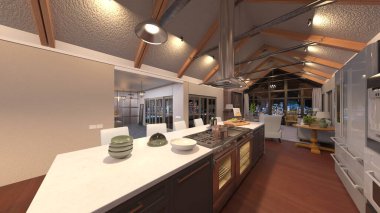 Oturma odasının ve büyük pencereli yemek mutfağının 3 boyutlu görüntüsü.