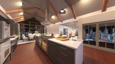 Oturma odasının ve büyük pencereli yemek mutfağının 3 boyutlu görüntüsü.