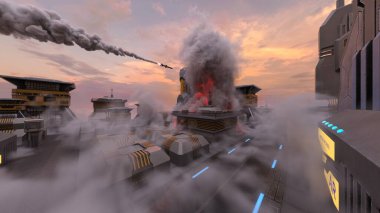 Gelecekteki şehir manzarasının 3D görüntüsü saldırı altında