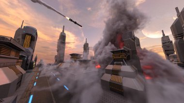 Gelecekteki şehir manzarasının 3D görüntüsü saldırı altında