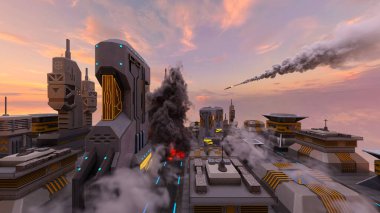 Gelecekteki şehir manzarasının 3D görüntüsü saldırı altında