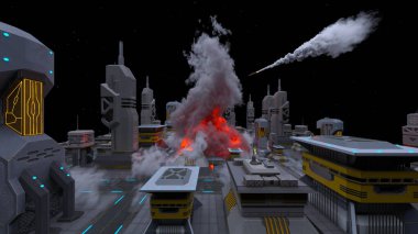 Gelecekteki şehir manzarasının 3D görüntüsü saldırı altında