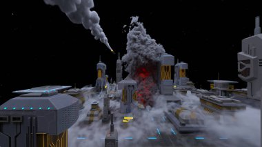 Gelecekteki şehir manzarasının 3D görüntüsü saldırı altında