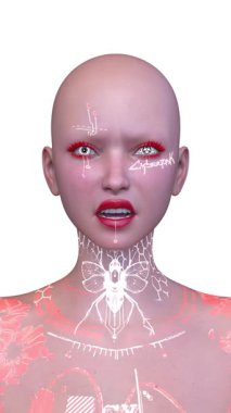 Dişi bir sayborgun yüzünün 3 boyutlu görüntüsü.