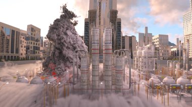 Şehir manzarasının 3D görüntüsü saldırı altında