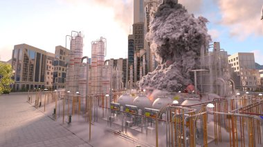 Şehir manzarasının 3D görüntüsü saldırı altında