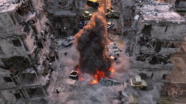 Şehir manzarasının 3D görüntüsü saldırı altında