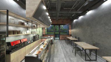 Kafenin büyük pencereli 3B görüntülemesi