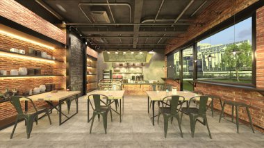 Kafenin büyük pencereli 3B görüntülemesi