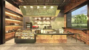 Kafenin büyük pencereli 3B görüntülemesi