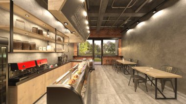 Kafenin büyük pencereli 3B görüntülemesi