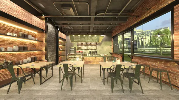 Kafenin büyük pencereli 3B görüntülemesi