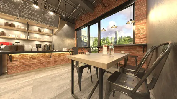 Kafenin büyük pencereli 3B görüntülemesi