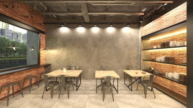 Kafenin büyük pencereli 3B görüntülemesi