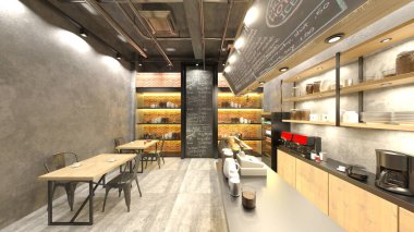 Kafenin büyük pencereli 3B görüntülemesi