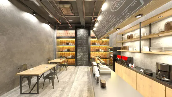 Kafenin büyük pencereli 3B görüntülemesi