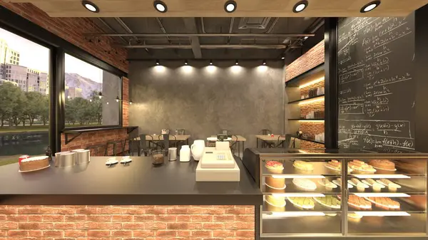 Kafenin büyük pencereli 3B görüntülemesi