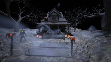 3D rendering of the house decorated for Halloween
