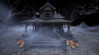 3D rendering of the house decorated for Halloween