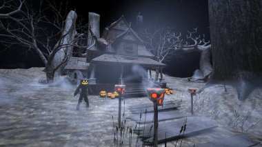 3D rendering of the house decorated for Halloween