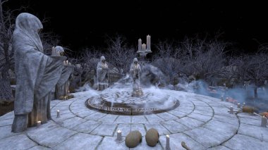 Bir rahibe heykeliyle avlunun 3D görüntüsü.