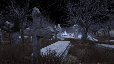 Bir rahibe heykeliyle avlunun 3D görüntüsü.