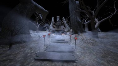 Bir rahibe heykeliyle avlunun 3D görüntüsü.