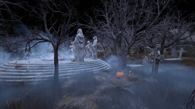 Bir rahibe heykeliyle avlunun 3D görüntüsü.