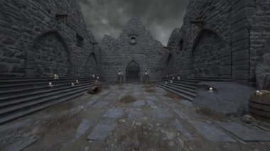 Bir rahibe heykeliyle avlunun 3D görüntüsü.