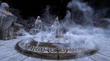 Bir rahibe heykeliyle avlunun 3D görüntüsü.