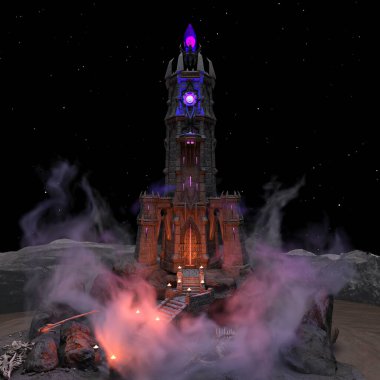 Sisin içinde kule olan kalenin 3 boyutlu görüntüsü.