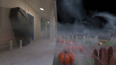 3D rendering of the house decorated for Halloween