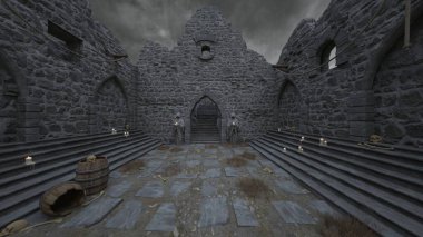 Bir rahibe heykeliyle avlunun 3D görüntüsü.