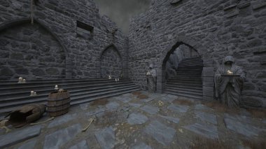 Bir rahibe heykeliyle avlunun 3D görüntüsü.