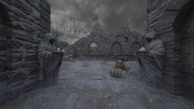 Bir rahibe heykeliyle avlunun 3D görüntüsü.