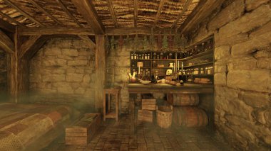 İçerideki taş duvar odasının 3 boyutlu görüntüsü