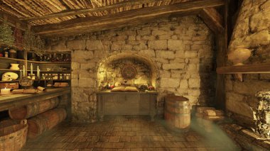 İçerideki taş duvar odasının 3 boyutlu görüntüsü