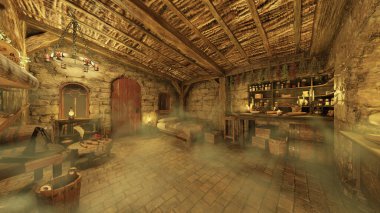 İçerideki taş duvar odasının 3 boyutlu görüntüsü