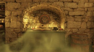 İçerideki taş duvar odasının 3 boyutlu görüntüsü
