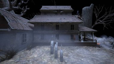 3D rendering of the house decorated for Halloween