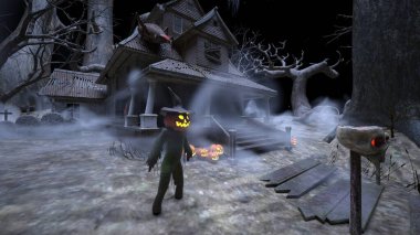 3D rendering of the house decorated for Halloween