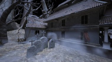 3D rendering of the house decorated for Halloween