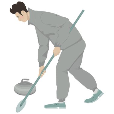 Beyaz arka planda curling oynayan bir sporcunun vektör illüstrasyonu 