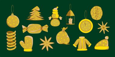 Noel elementleri, yeni yıl, yeşil arka planda altın rengi kış süsleri. 