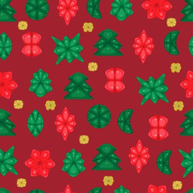 Kırmızı arkaplanda Noel süsleri olan kusursuz desen 