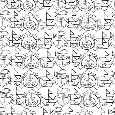 Seamless pattern with marine elements in black and white  clipart